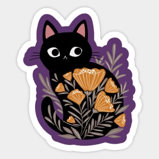 Black Cat in Golden Flowers Sticker